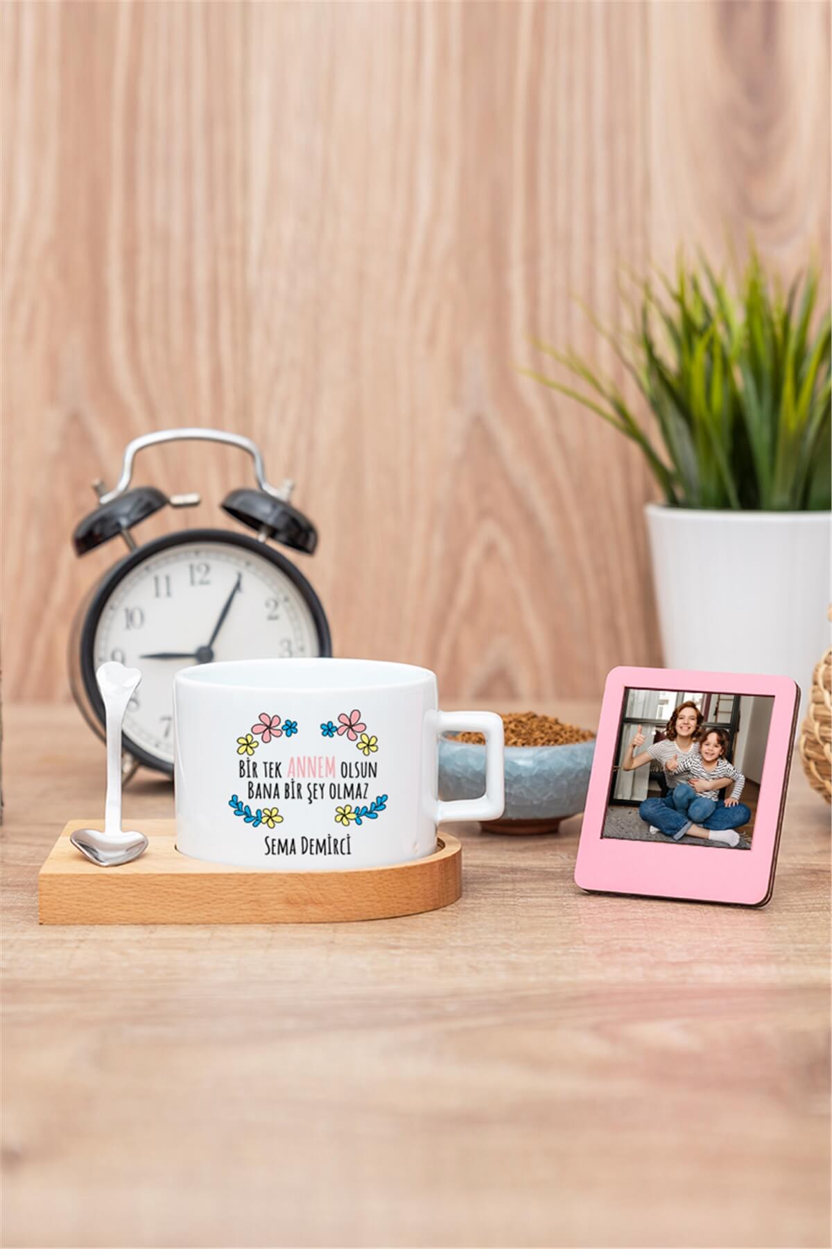 Bi Tek Annem Olsun Ahşap Altlıklı Fincan ve Mini Çerçeve