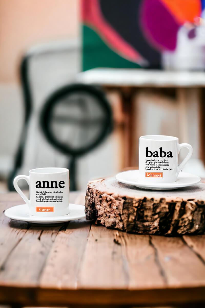 Anne ve Babaya Hediye Kelime Anlamı İkili Beyaz Türk Kahvesi Fincanı