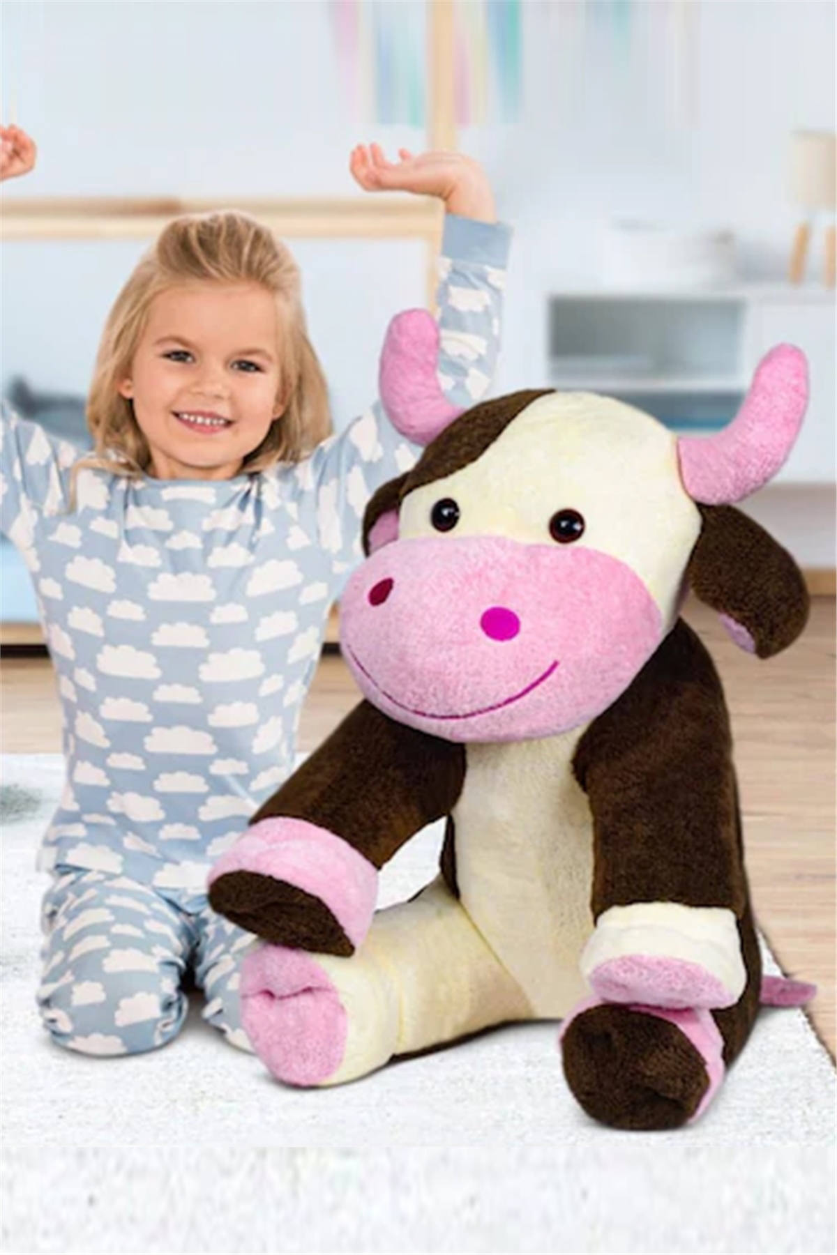 80 cm Oturan Kahverengi Peluş İnek