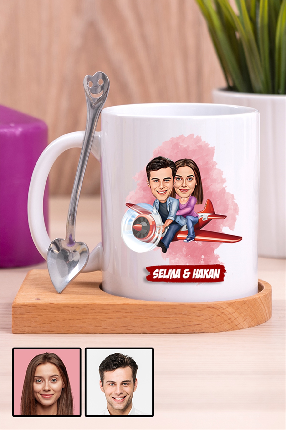 Çiftlere Özel Hediye Uçak Temalı Karikatürlü Ahşap Altlıklı Beyaz Kupa Bardak