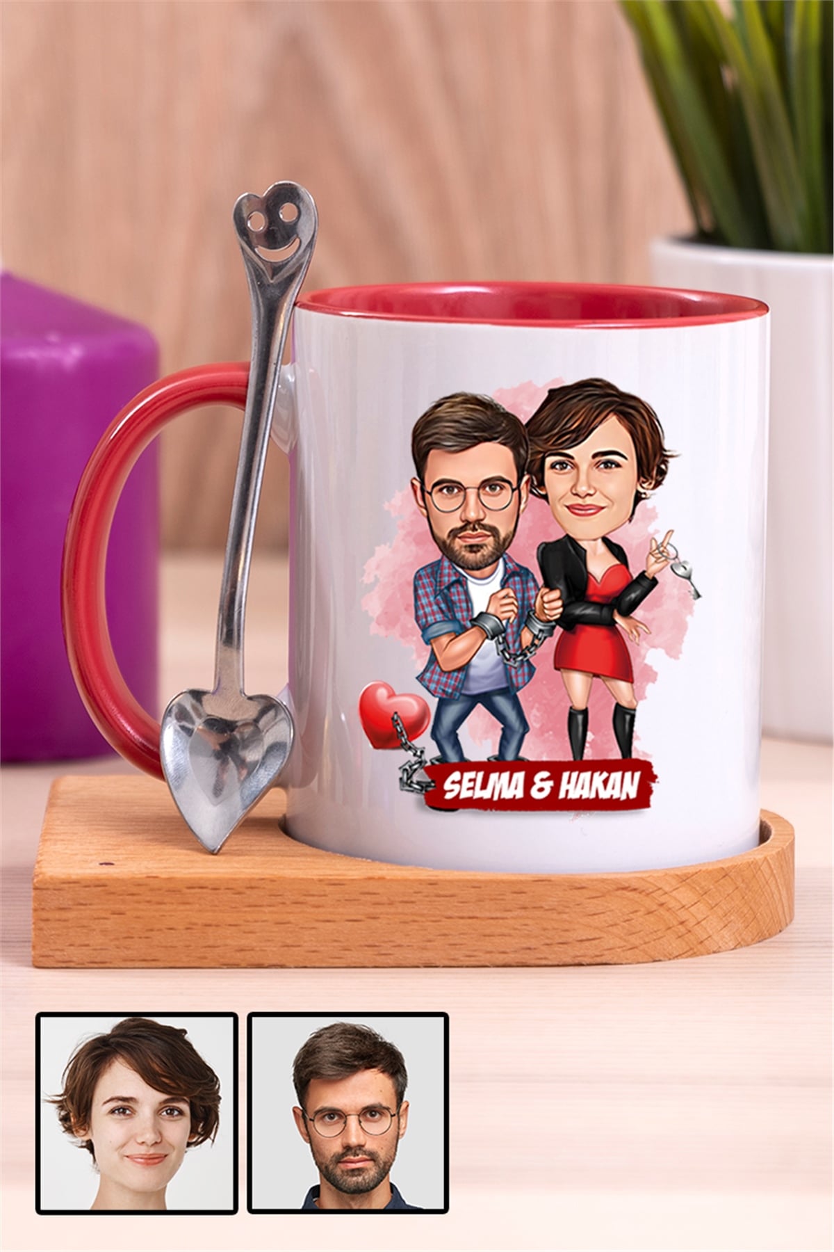 Sevgililere İlginç Hediye Karikatürlü Ahşap Altlıklı İçi Renkli Kupa Bardak