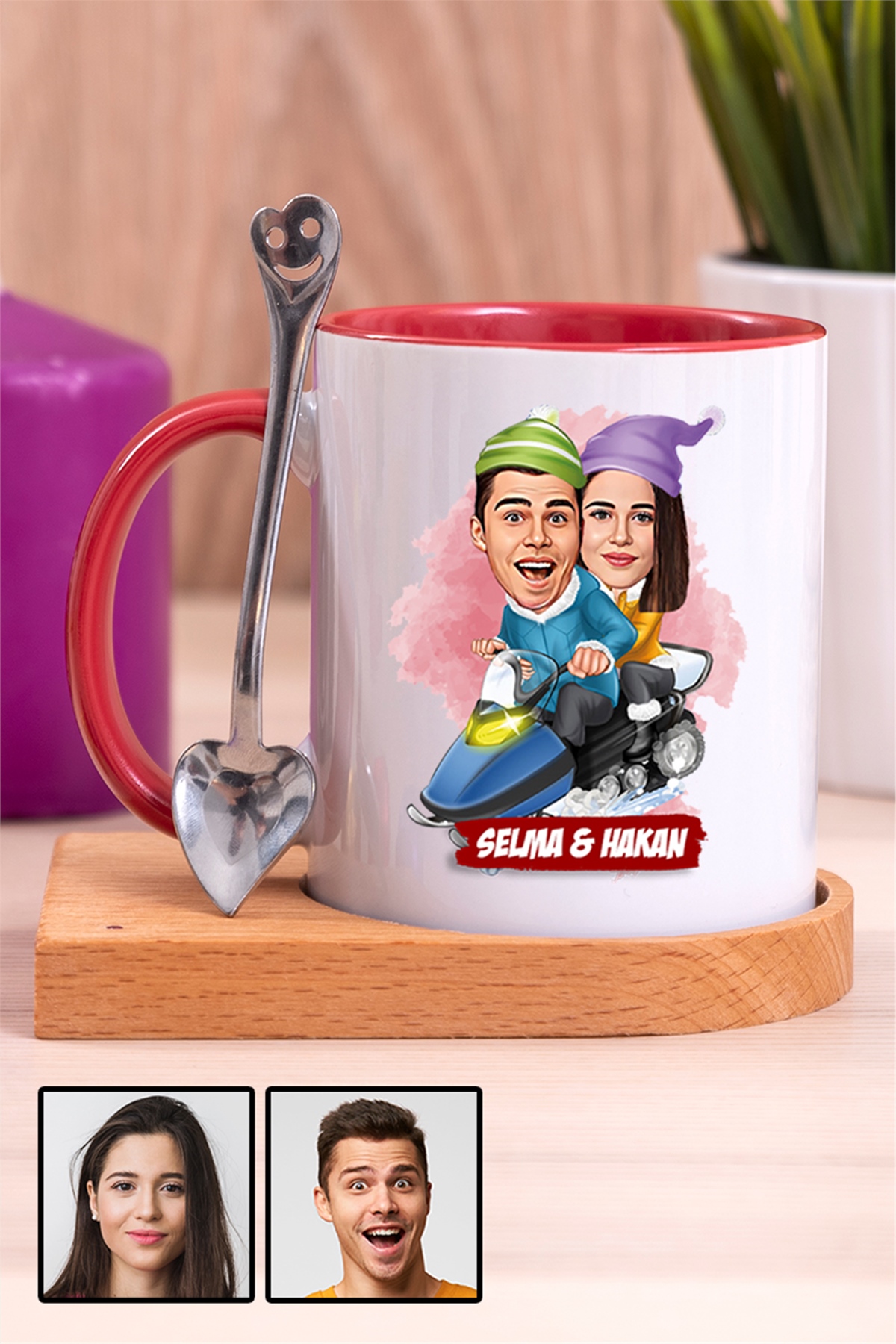 Kız Arkadaşa Romantik Hediye Karikatürlü Ahşap Altlıklı İçi Renkli Kupa Bardak