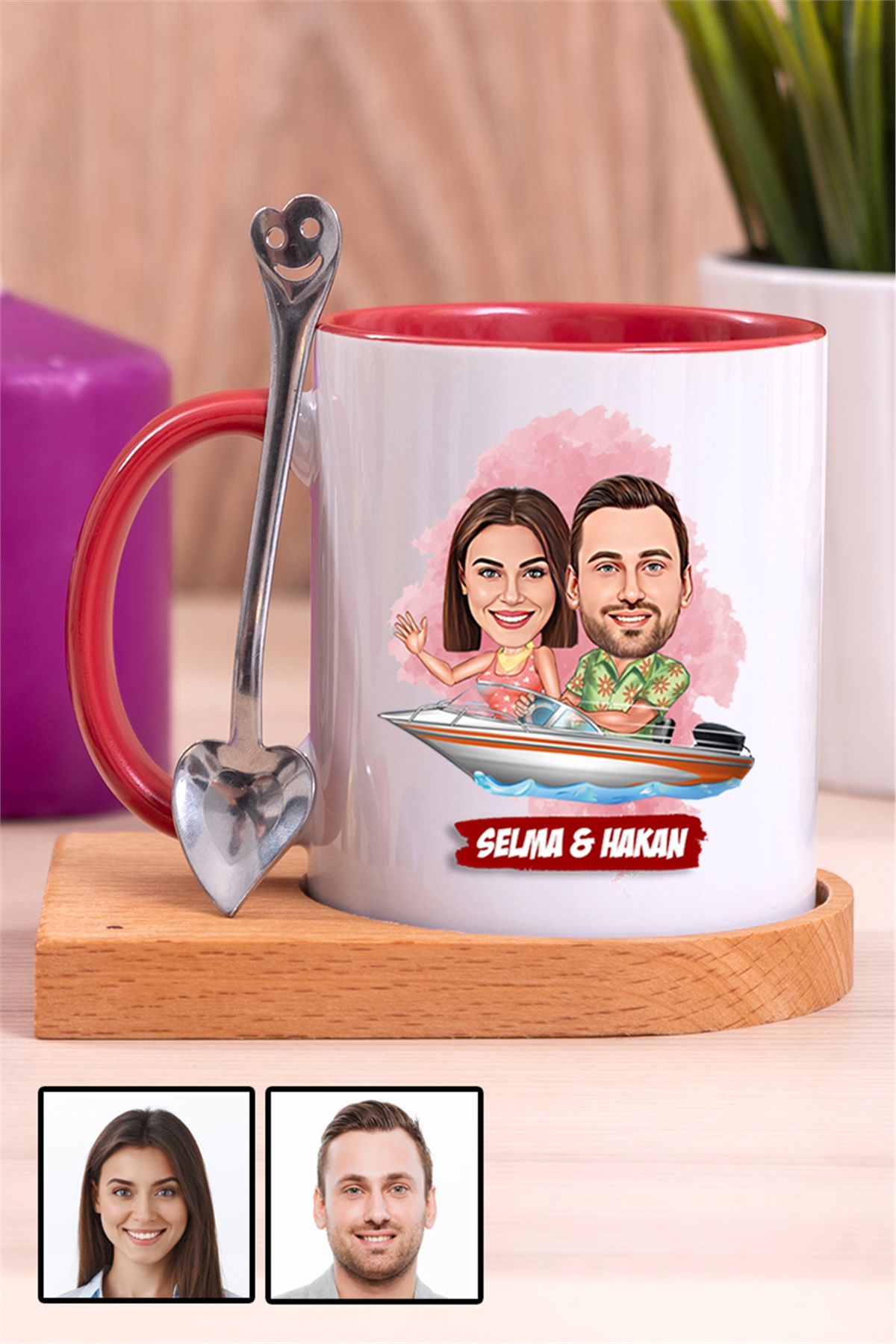 Sevgiliye Hediye Tekne Tasarım  Karikatürlü Ahşap Altlıklı İçi Renkli Kupa Bardak