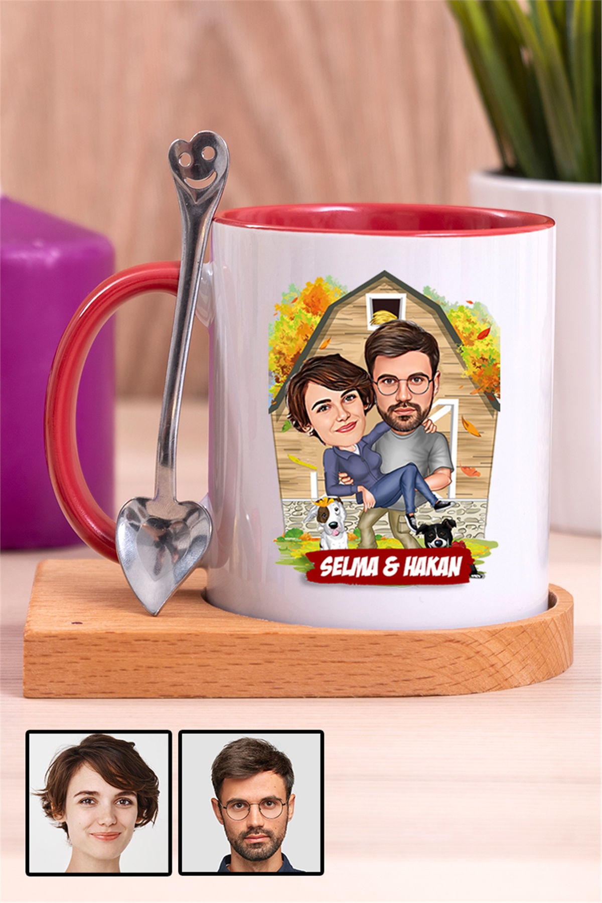 Sevgiliye Özel Hediye Ev Temalı Karikatürlü Ahşap Altlıklı İçi Renkli Kupa Bardak