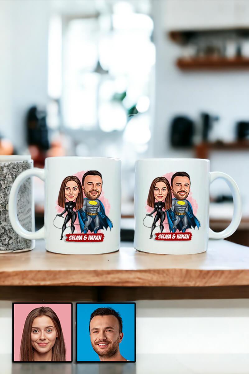 Erkek Sevgiliye İlginç Hediye Karikatürlü İkili Beyaz Kupa Bardak