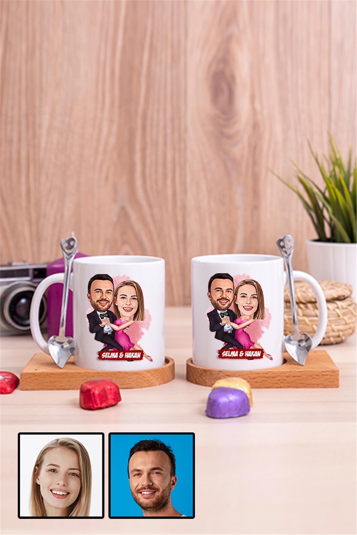 Romantik Sevgililer Günü Hediyesi Karikatürlü İkili Ahşap Altlıklı Beyaz Kupa Bardak