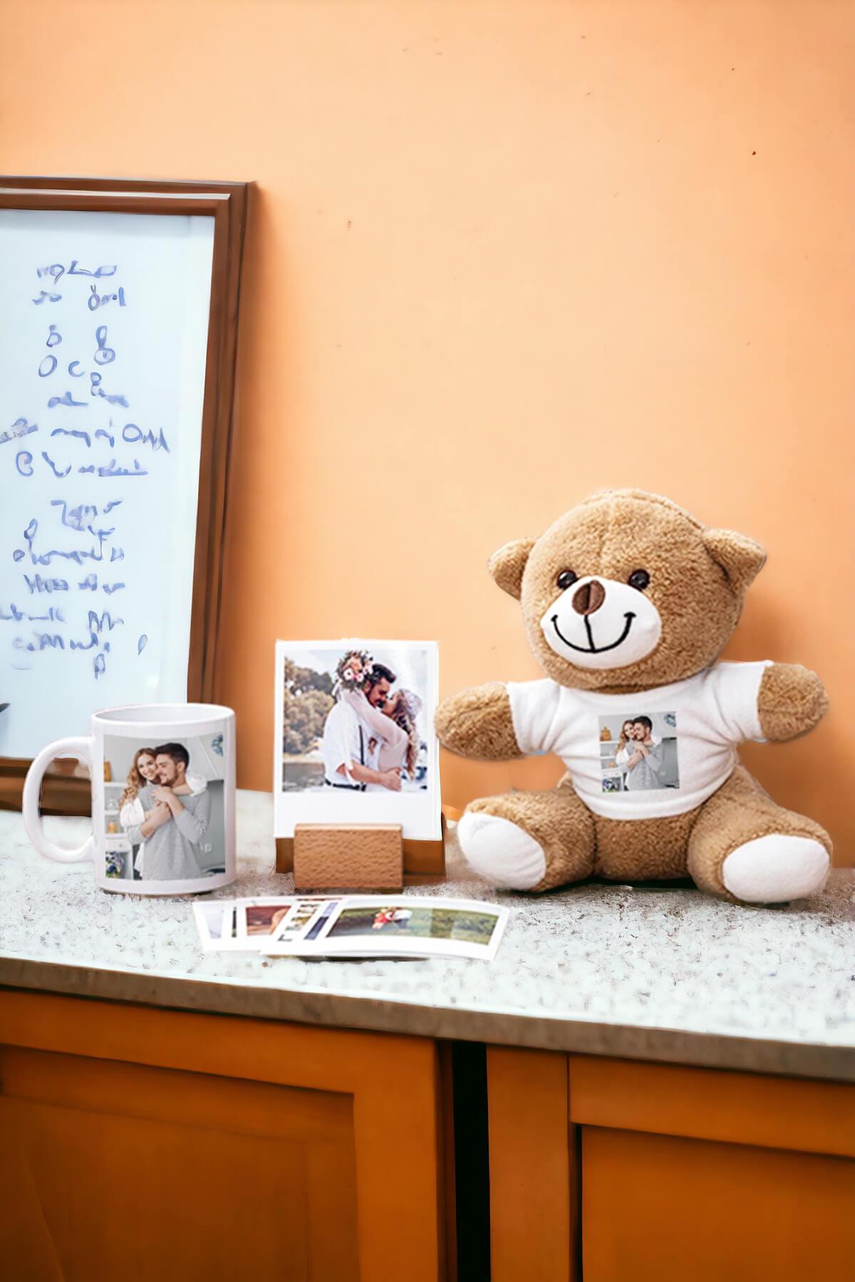 Sevgiliye Hediye Fotoğraflı Kupa Bardak Peluş Ayı ve Polaroid Fotoğraf Seti