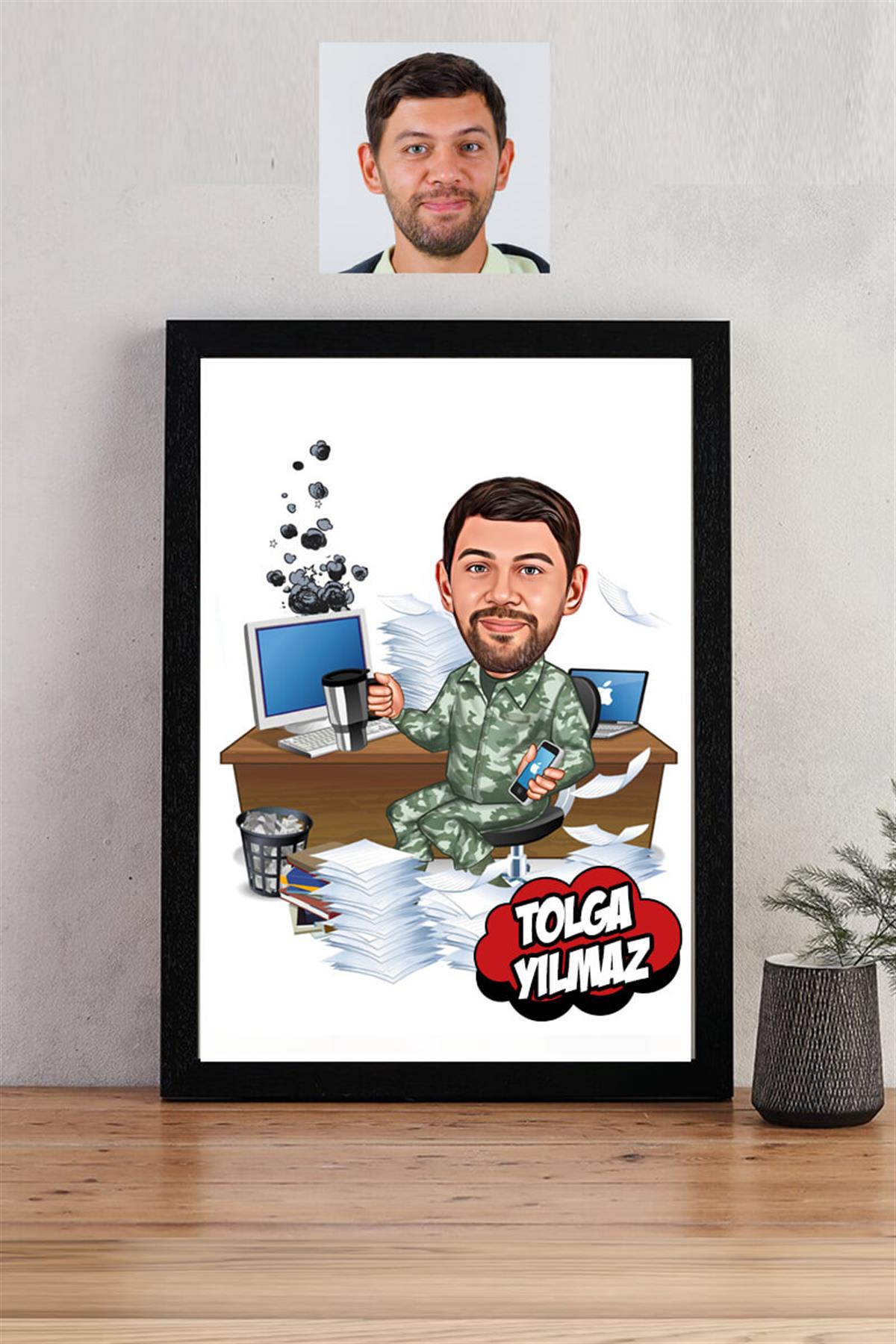 Komutana Hediye Kişiye Özel Asker Kamuflajlı Karikatürlü Dikdörtgen Çerçeve