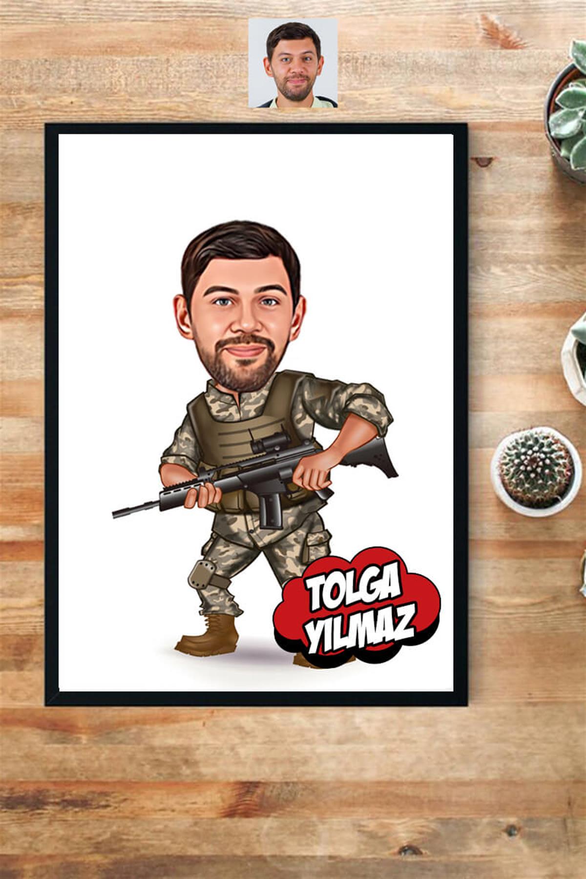 Askere Hediye Asker Kamuflajlı Karikatürlü Dikdörtgen Çerçeve