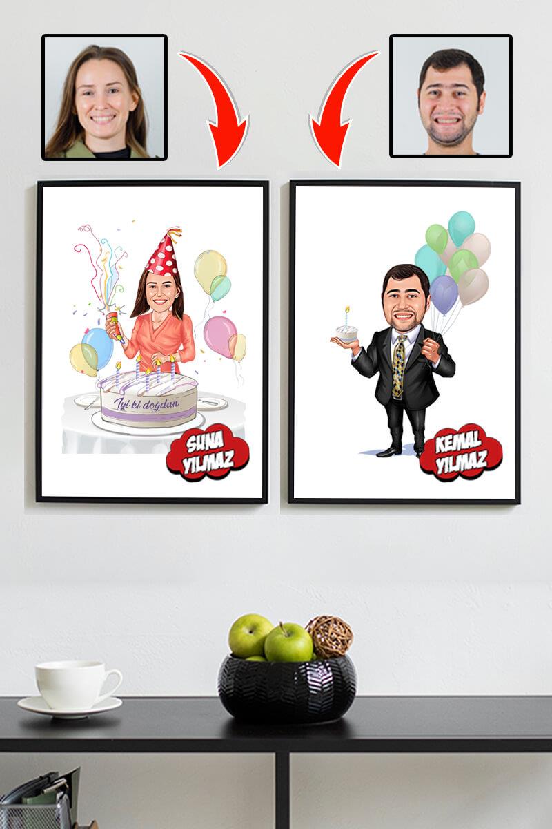 Sevgiliye Doğum Günü Hediyesi Karikatürlü Dikdörtgen Çerçeve